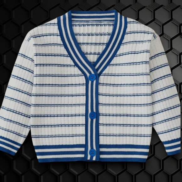 Kids’ Striped Knit Cardigan Blue and White Button-Up - Picture 1 of 9